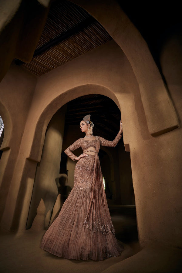 Brown silk tissue lehnga sariset with blouse and drape dupatta